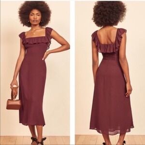 Reformation Colette Midi Dress Womens 2 Ruffle Off Shoulder Smocked Feminine